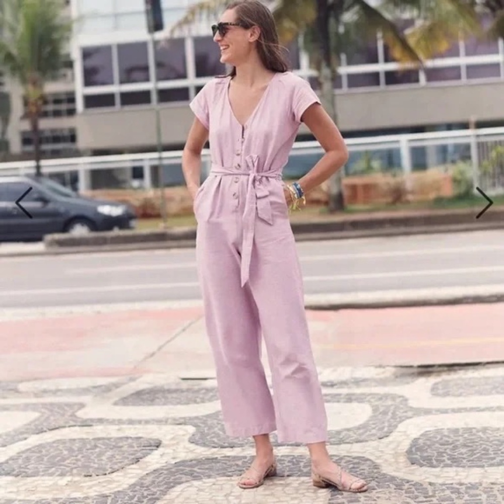 Madewell Linen-Cotton Pleated Sleeve Cropped Jumpsuit Pressed Orchid Size 0